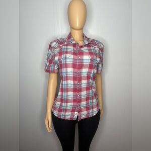 Lucky Brand Women's Red,Whte And Blue  Plaid Short Sleeve Shirt Size M